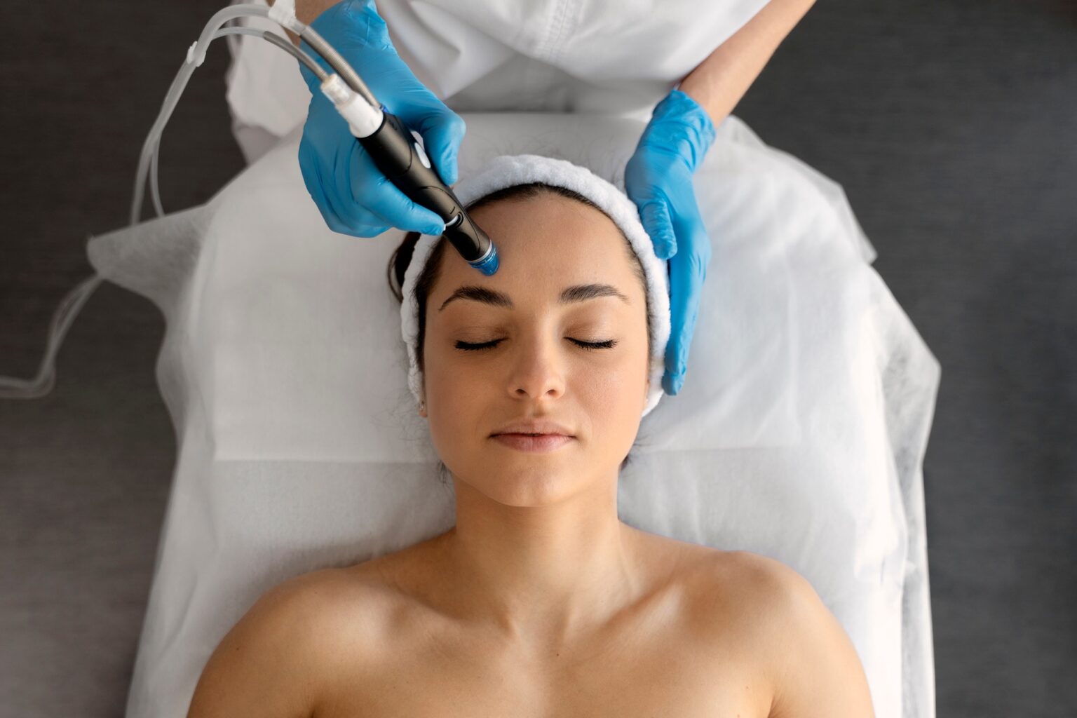 Lydia Esthetics Embassy A person enjoys a microcurrent facial non surgical facelift at a luxury facial spa NYC, relaxing on a treatment bed while an esthetician in blue gloves uses a specialized device. New York