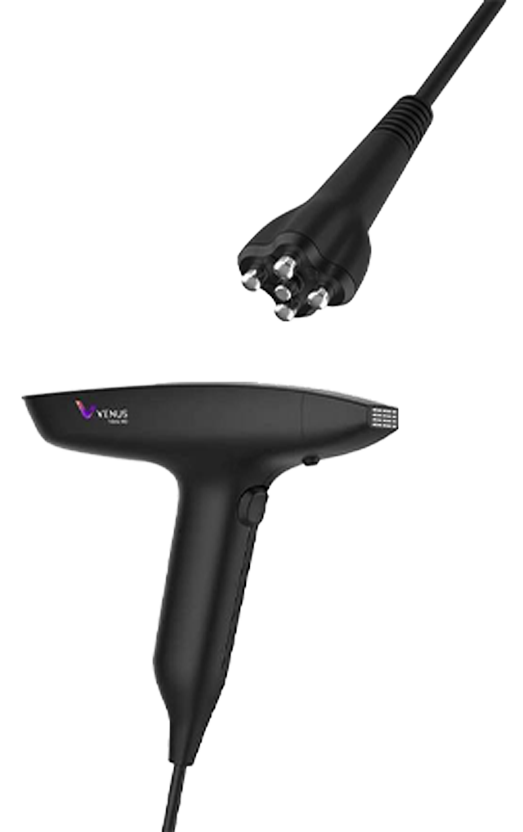 Lydia Esthetics Embassy A black handheld electric massage device with a cord, featuring a handle and a multi-node massaging head—perfect for recreating the luxury facial spa NYC experience at home. New York