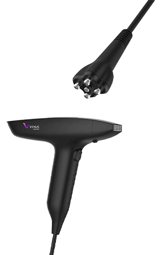 Lydia Esthetics Embassy A black handheld electric massage device with a cord, featuring a handle and a multi-node massaging head—perfect for recreating the luxury facial spa NYC experience at home. New York