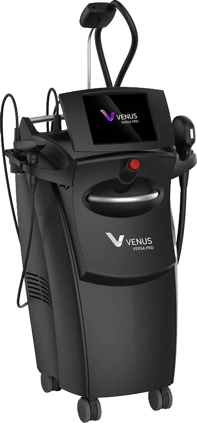 Lydia Esthetics Embassy A black Venus Versa Pro medical aesthetic device with a touchscreen, attached handheld applicators, and wheels for mobility—ideal for advanced treatments like microneedling with exosomes in New York. New York