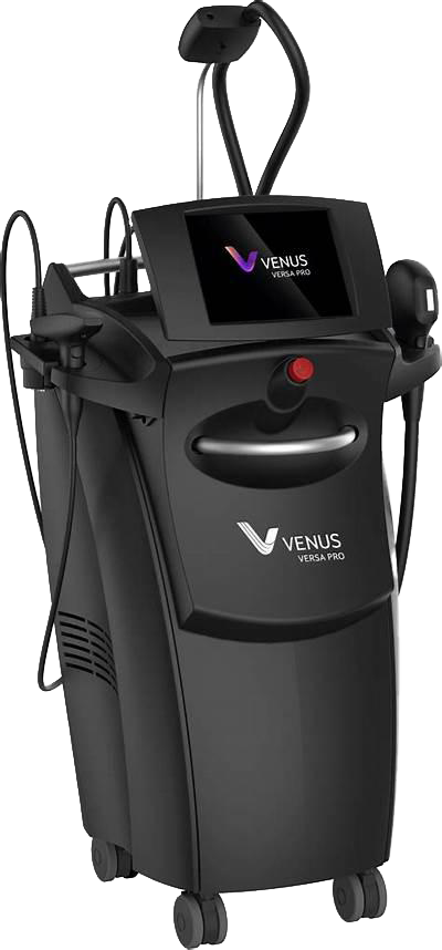 Lydia Esthetics Embassy A black Venus Versa Pro medical aesthetic device with a touchscreen, attached handheld applicators, and wheels for mobility—ideal for advanced treatments like microneedling with exosomes in New York. New York