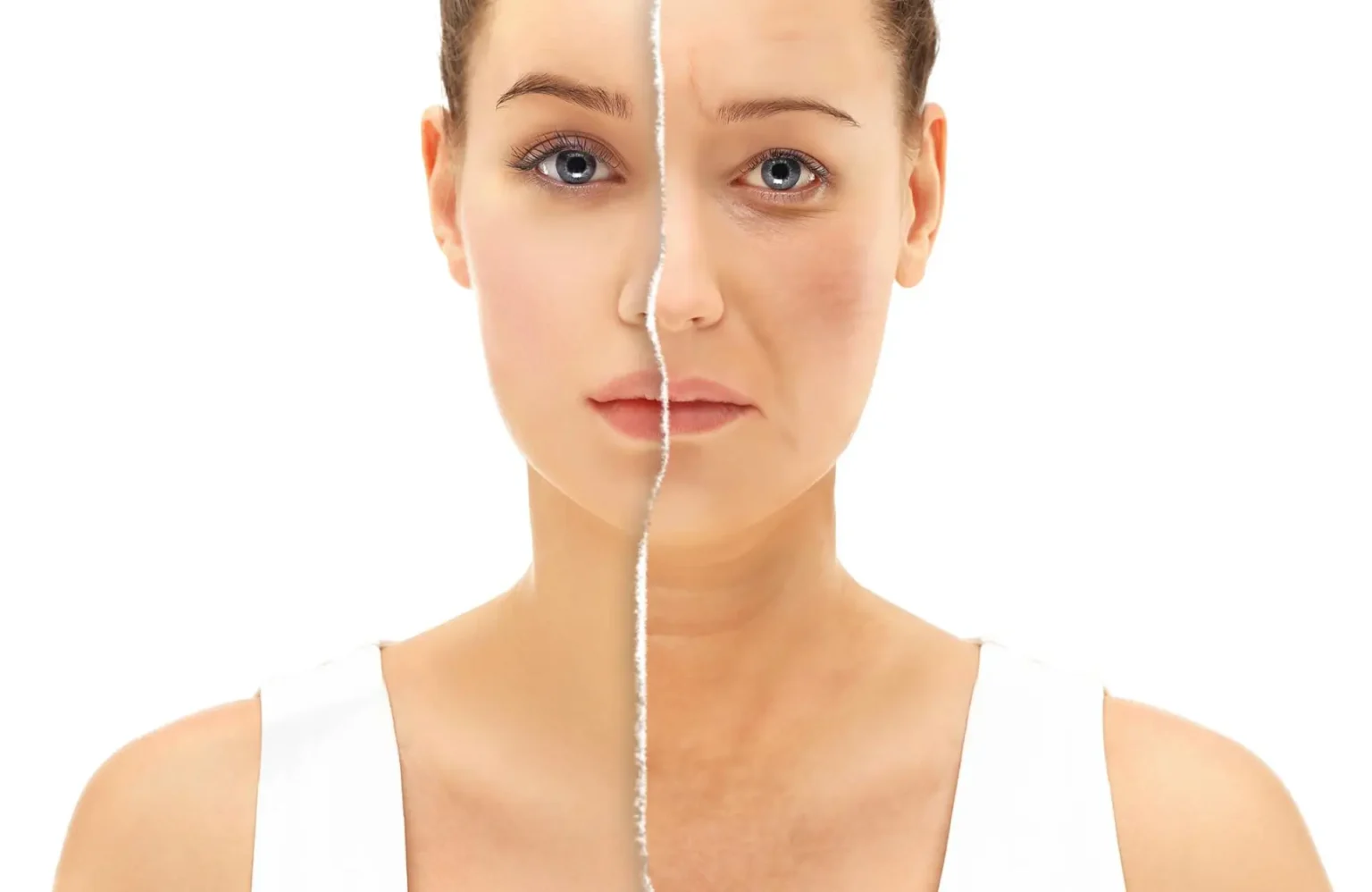 Lydia Esthetics Embassy A woman’s face is split down the middle; one side appears youthful and smooth, while the other side looks older with visible wrinkles and uneven skin tone. New York
