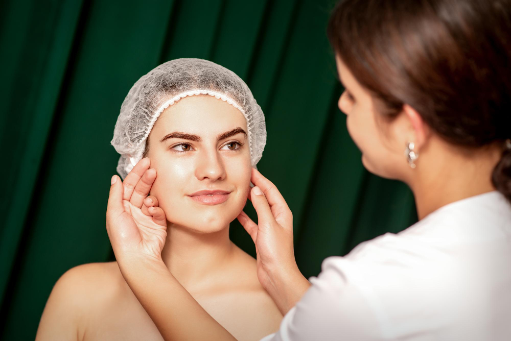 Lydia Esthetics Embassy A woman wearing a hair net is examined by a healthcare professional who is gently touching her cheeks, against a dark green background. New York