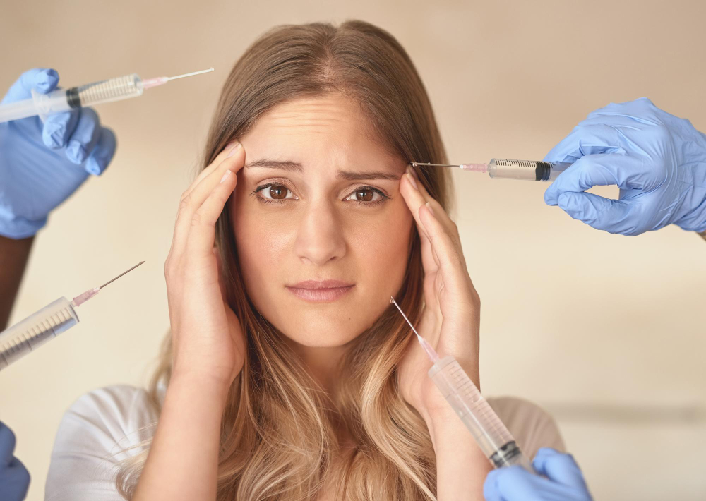Lydia Esthetics Embassy A woman looks concerned while holding her head as four gloved hands approach her face with syringes from different directions. New York