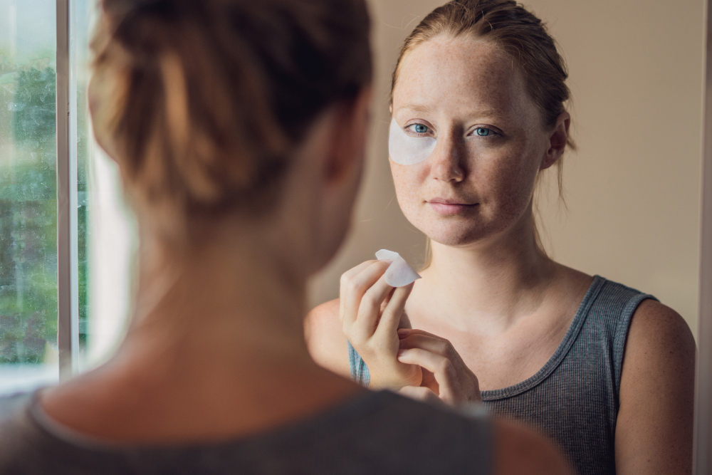 Lydia Esthetics Embassy A woman with light skin applies an under-eye patch while looking in the mirror, holding a cotton pad, wearing a gray tank top. New York