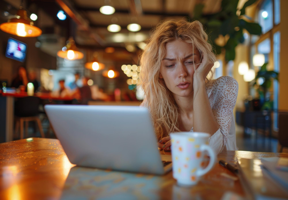 Lydia Esthetics Embassy A woman sits at a table in a cafe, looking tired or frustrated, with her head resting on her hand in front of an open laptop and a coffee mug. New York