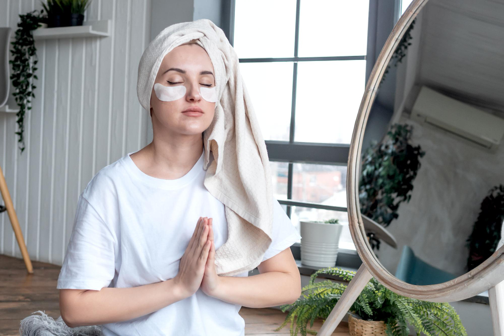 Lydia Esthetics Embassy A woman with under-eye patches and a towel on her head sits cross-legged, meditating with hands in prayer pose in a bright room with plants and a large mirror. New York