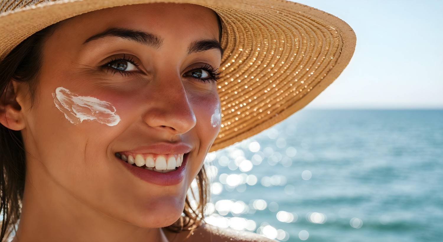 Lydia Esthetics Embassy A woman wearing a wide-brimmed hat with sunscreen on her cheek smiles at the beach with the ocean in the background. New York